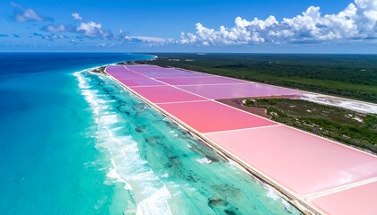 Aerial view of a pink saltwater lagoon