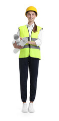 Young engineer in hard hat and reflective vest with drafts on white background