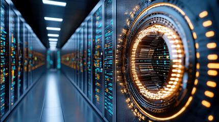 High tech server room with glowing data storage and illuminated pathways