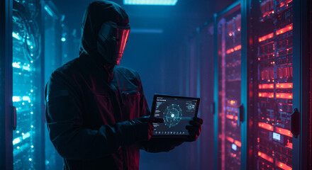 Futuristic cyber security expert in a hooded suit analyzing complex data on a tablet inside a glowing server room