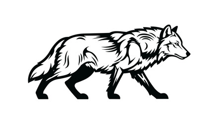 Detailed black and white sketch of a majestic wolf in profile walking side view © Hridoy