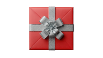 Wrapped gift in red with a silver ribbon, capturing the essence of thoughtfulness and celebration. A symbol of anticipation. Isolated On Transparent and White Background