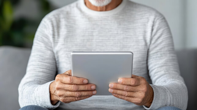 Elderly man using tablet device with focus and concentration, showcasing technology use