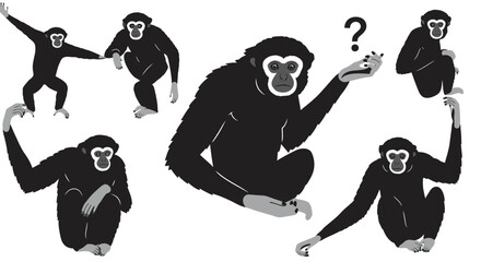 Collection of dynamic gibbon monkey poses silhouettes hand drawn style black and white © Hridoy