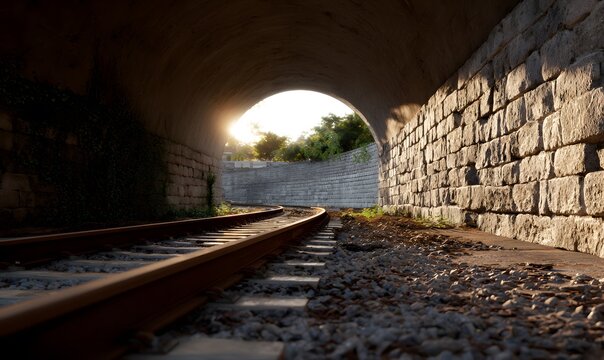 a light at the end of a tunnel so distant comes into view and illuminates the train tracks and surrounding walls