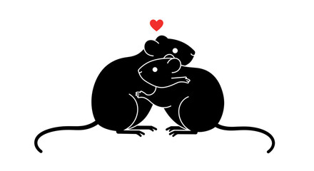 Cute black rats embracing with red heart symbol above romantic love symbol