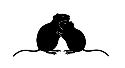 Adorable silhouette of two rats embracing symbolizing love friendship and companionship with long tails