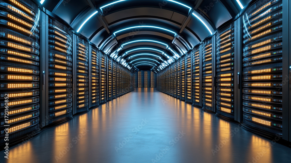 Poster modern data center with rows of servers illuminated by blue lights, showcasing advanced