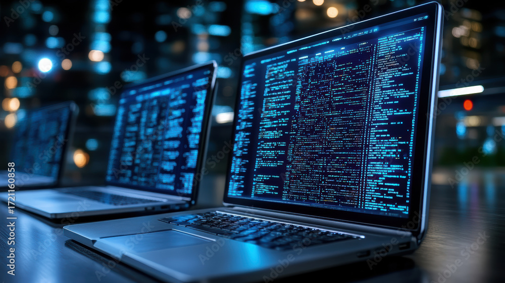 Poster high tech laptops displaying code on screens in modern environment