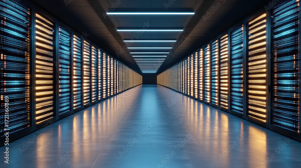 Poster high tech data center with illuminated server racks and sleek flooring creates futuristic