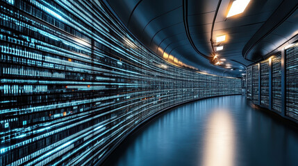 Futuristic data center corridor with glowing blue lines and digital patterns, showcasing