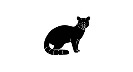 Silhouette of a black civet cat with a striped tail isolated on white