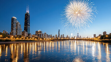 Fototapeta premium Fireworks illuminate night sky over city skyline, reflecting on calm river