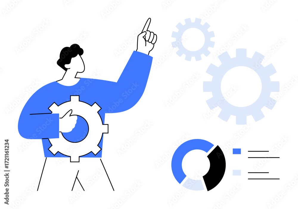 Poster man holding gear and pointing upward, surrounded by gears and graphs. ideal for teamwork, innovation