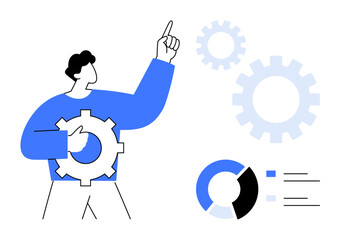 Man holding gear and pointing upward, surrounded by gears and graphs. Ideal for teamwork, innovation, analytics, process improvement, problem-solving, business strategy marketing. Simple flat