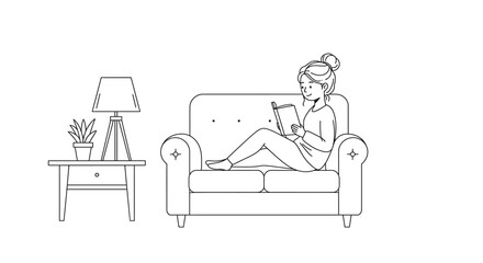 Cozy scene woman reading book on sofa next to lamp table sketch