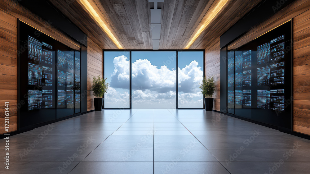 Poster futuristic cloud command center with sleek design and large windows showcasing clouds
