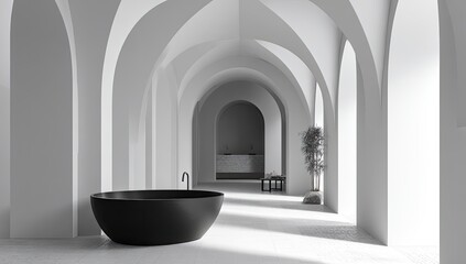 A minimalist, modern bathroom with a black bathtub, bathed in natural light, and arched hallways