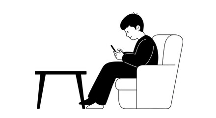 Person sitting in armchair using smartphone near table minimalist line art style