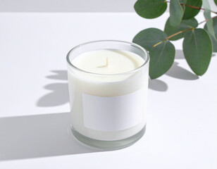 A close up of a single pristine white pillar candle for aromatherapy, placed on a white holder