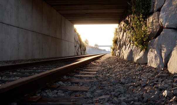 a light at the end of a tunnel so distant comes into view and illuminates the train tracks and surrounding walls