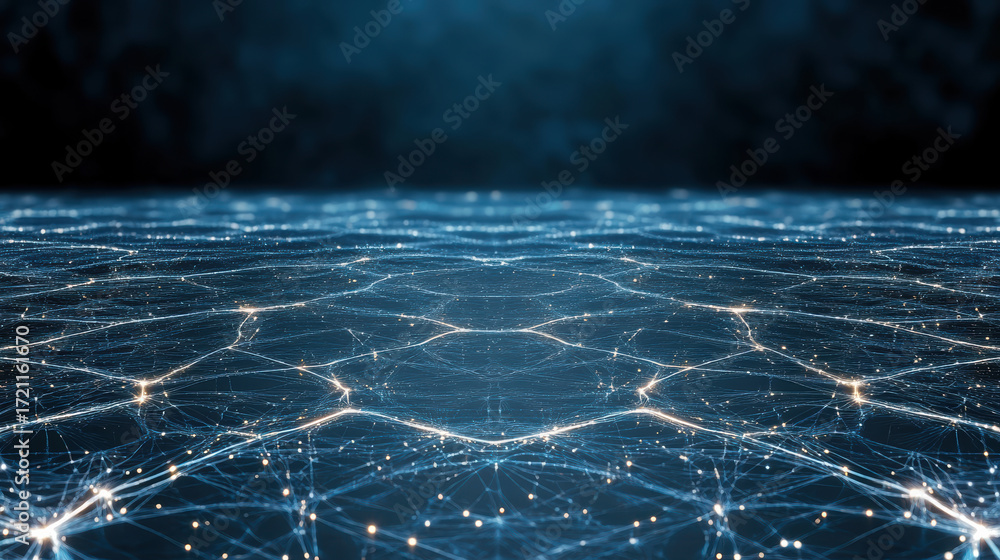 Poster futuristic digital network representation with glowing connections and nodes