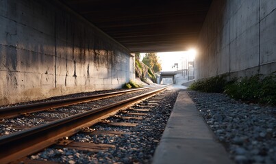 a light at the end of a tunnel so distant comes into view and illuminates the train tracks and surrounding walls