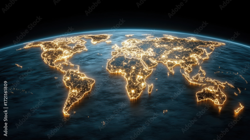 Poster illuminated world map showcasing global connectivity and data flow, emphasizing technology
