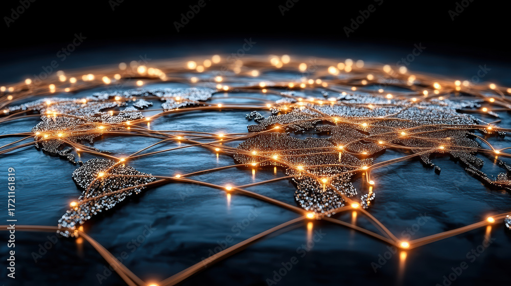 Poster connected global network map with glowing data points and lines, representing data flow