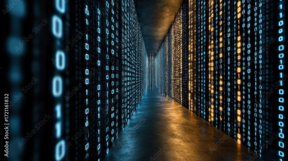 Aufkleber digital corridor with glowing binary code streams creating futuristic atmosphere