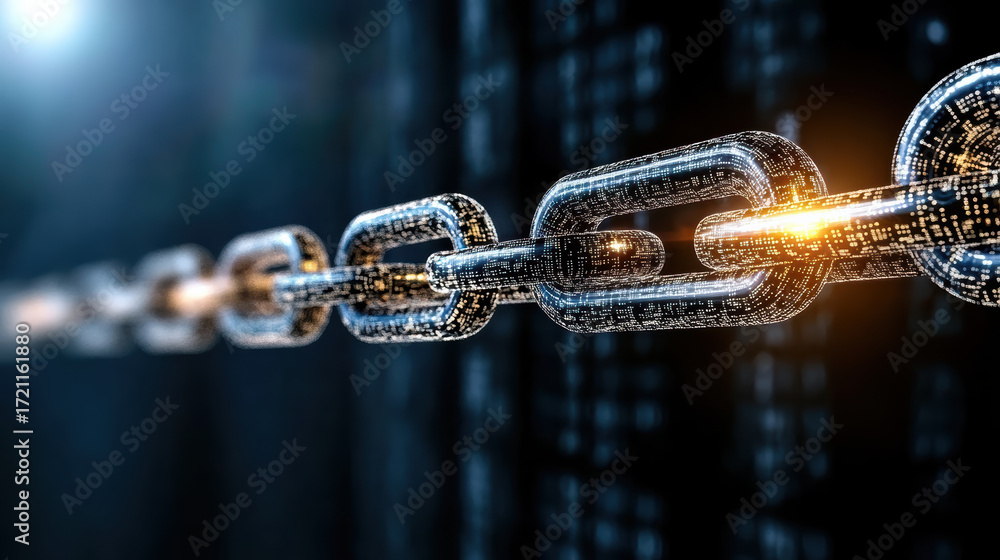 Poster digital chain links symbolize blockchain technology, glowing with data streams