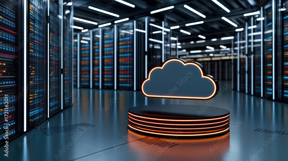 Poster glowing cloud icon above sleek platform in modern data center, symbolizing secure data storage