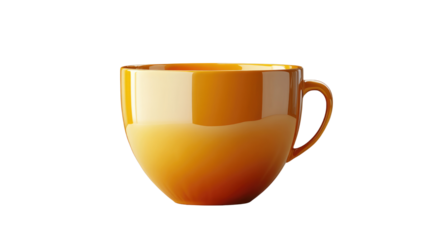 A minimalist photo of a sleek, orange ceramic teacup.  Isolated On Transparent and White Background