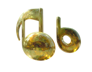 Two golden musical notes, a treble clef and a bass clef, appear 3D rendered.  The notes are glossy, with reflections, and situated against a black background