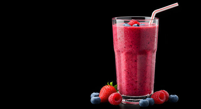 Vibrant mixed berry smoothie with strawberry, raspberry, and blueberry against a stark black background for health