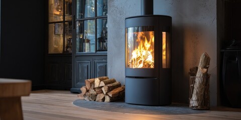 Modern round wood-burning stove in a rustic room