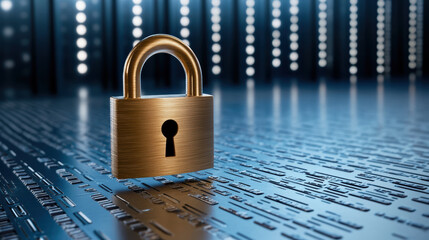 Glowing padlock hovers over digital background, symbolizing cybersecurity and protection