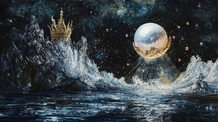 Fototapeta premium Surreal Seascape with Crowned Rocks and Floating Orb.