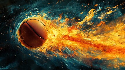 Dynamic basketball action in a cosmic environment artistic illustration of movement and energy