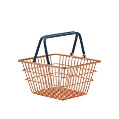 An empty, gleaming copper wire shopping basket with a geometric mesh and matte dark blue handle, against an immaculate white background with copy space, symbolizing retail potential