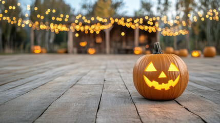 Fototapeta premium Glowing pumpkin with cheerful face at Halloween festival, surrounded by festive lights