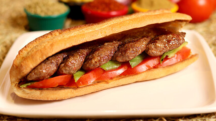 Delicious meatball sandwich in bread with fresh vegetables, close up