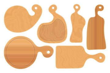 Wooden Cutting Boards Collection. Hand Drawn Rustic Chopping Boards set with round, oval, reclangle shapes. Six different wooden cutting boards.