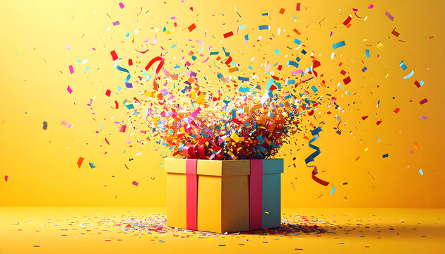 A yellow gift box erupts with colorful confetti, ribbons, and streamers against a bright yellow background.