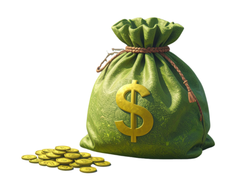 A green money bag with gold dollar sign and gold coins