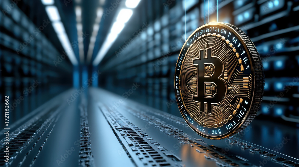Poster digital currency symbol futuristic data center, representing blockchain technology