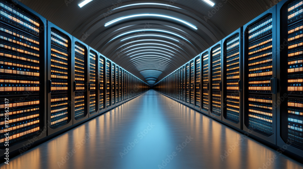 Poster high tech data center with rows of servers, illuminated by blue and orange lights, creating