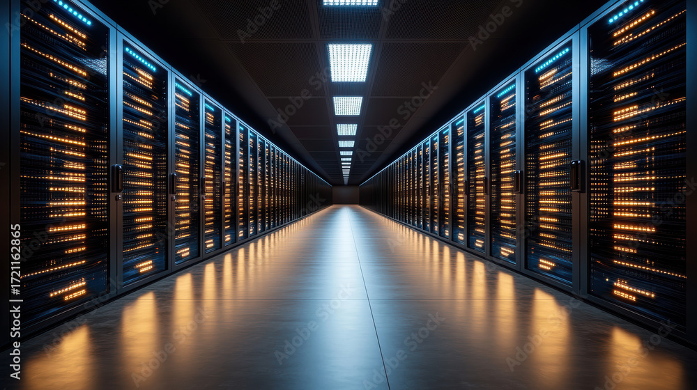 Poster high tech data center with illuminated server racks, showcasing advanced technology
