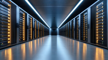 Data center server room technology illuminated modern storage equipment infrastructure