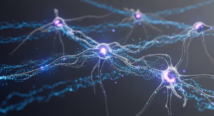 Neurons firing with glowing particles, neural network concept background